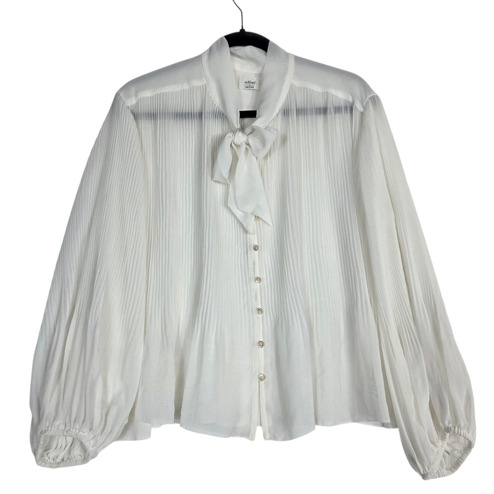 Wilfred White Pleated chiffon button down Blouse with Neck Tie